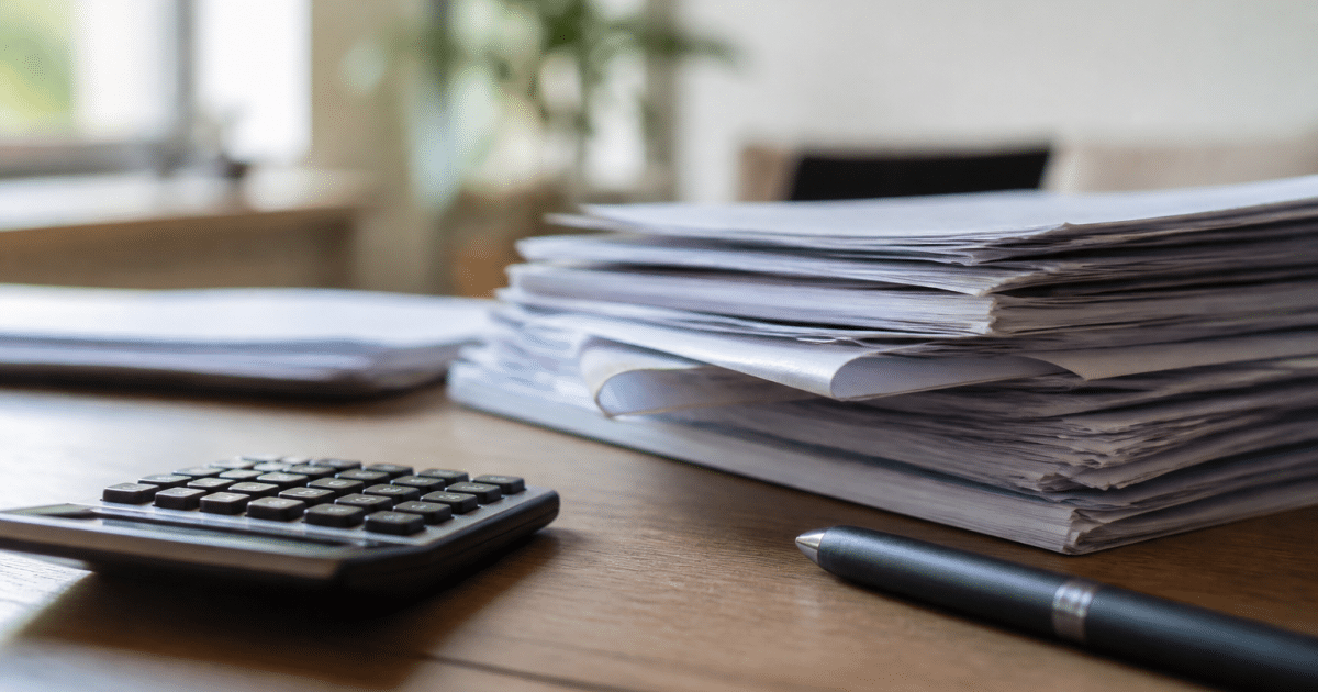 Documents immobiliers empilés sur bureau avec calculatrice et stylo