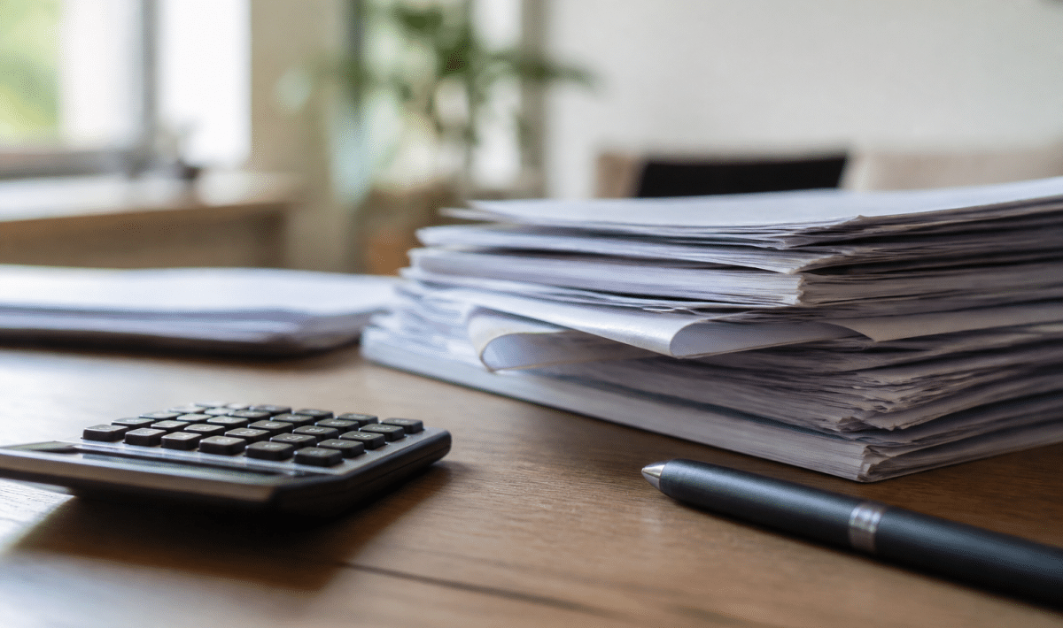 Documents immobiliers empilés sur bureau avec calculatrice et stylo