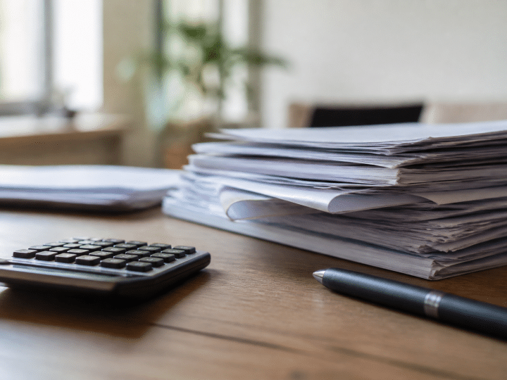 Documents immobiliers empilés sur bureau avec calculatrice et stylo