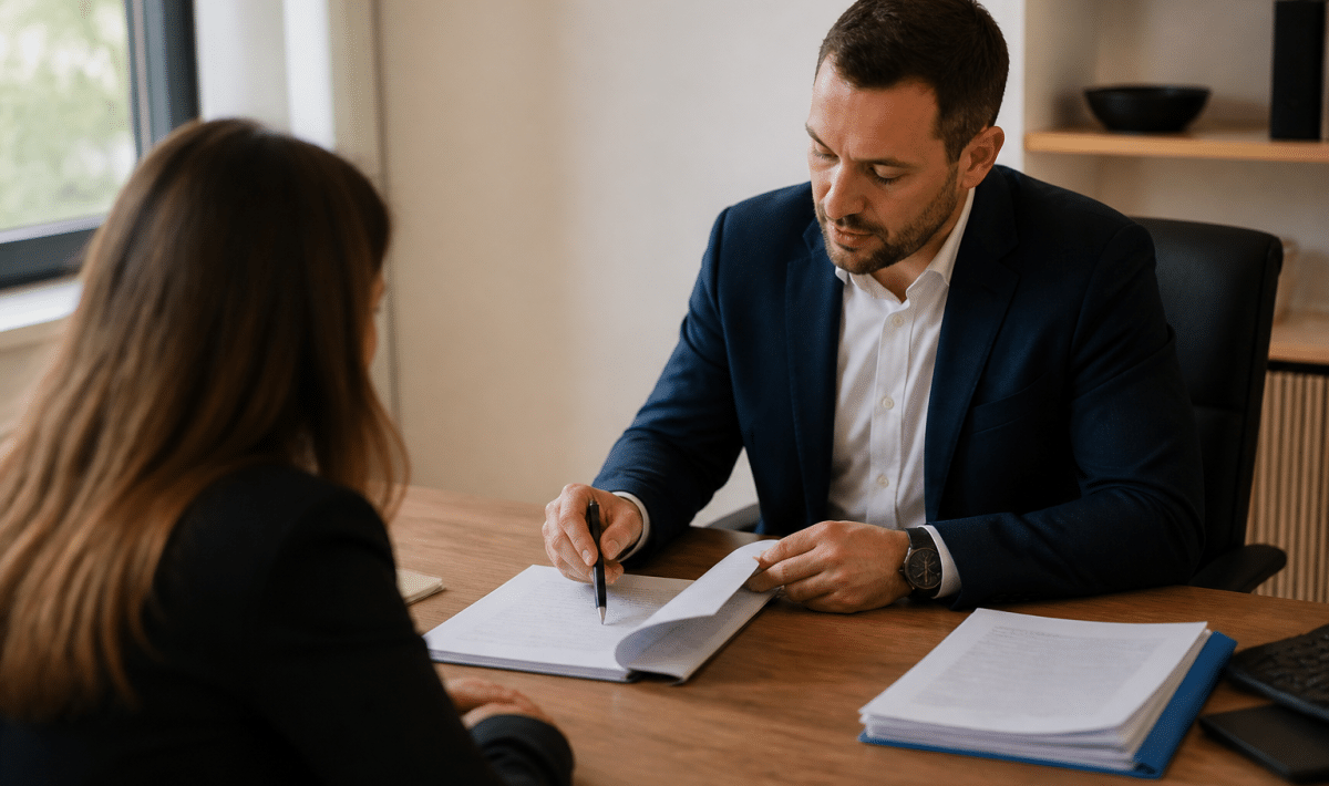 Agent immobilier presentant contrat de commission sur bureau