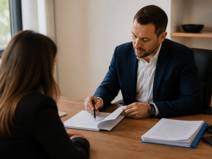 Agent immobilier presentant contrat de commission sur bureau