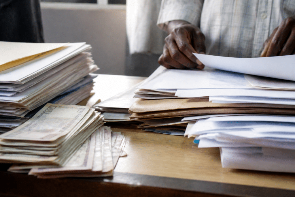Documents bancaires et billets d'argent sur bureau comptable