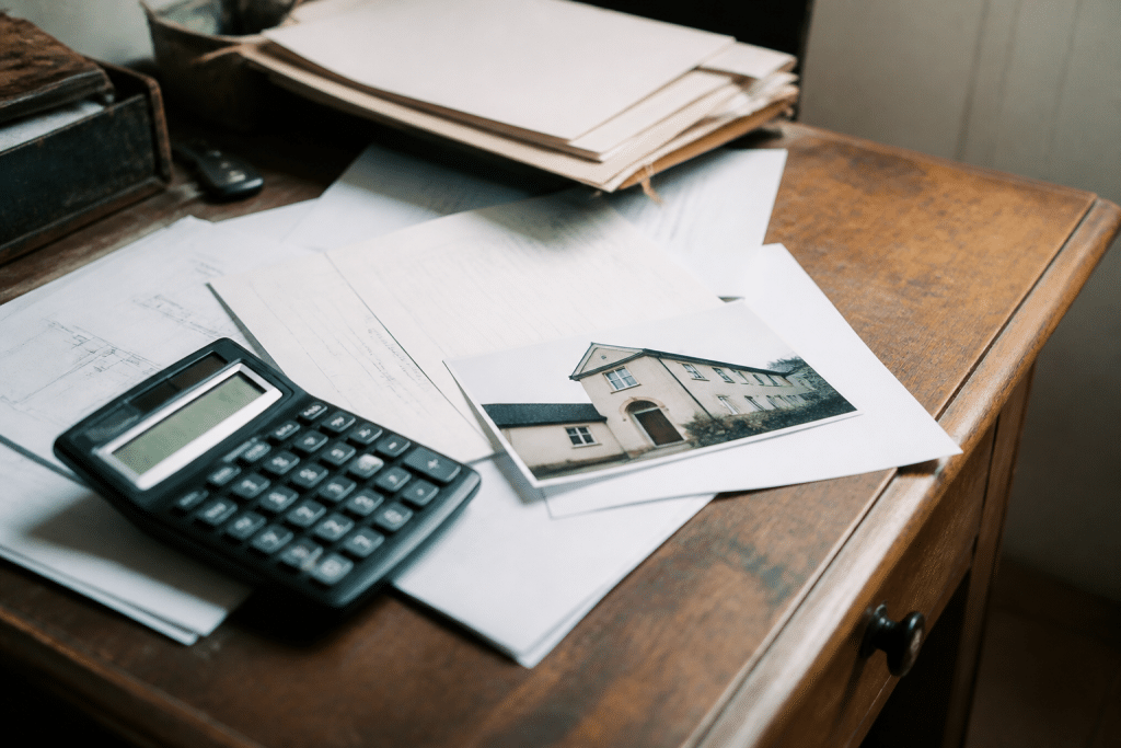 Calculatrice et documents immobiliers sur bureau ancien