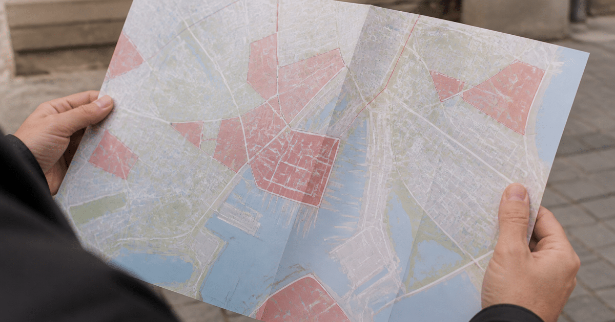 Carte urbaine montrant quartiers rochellois surlignés en rouge