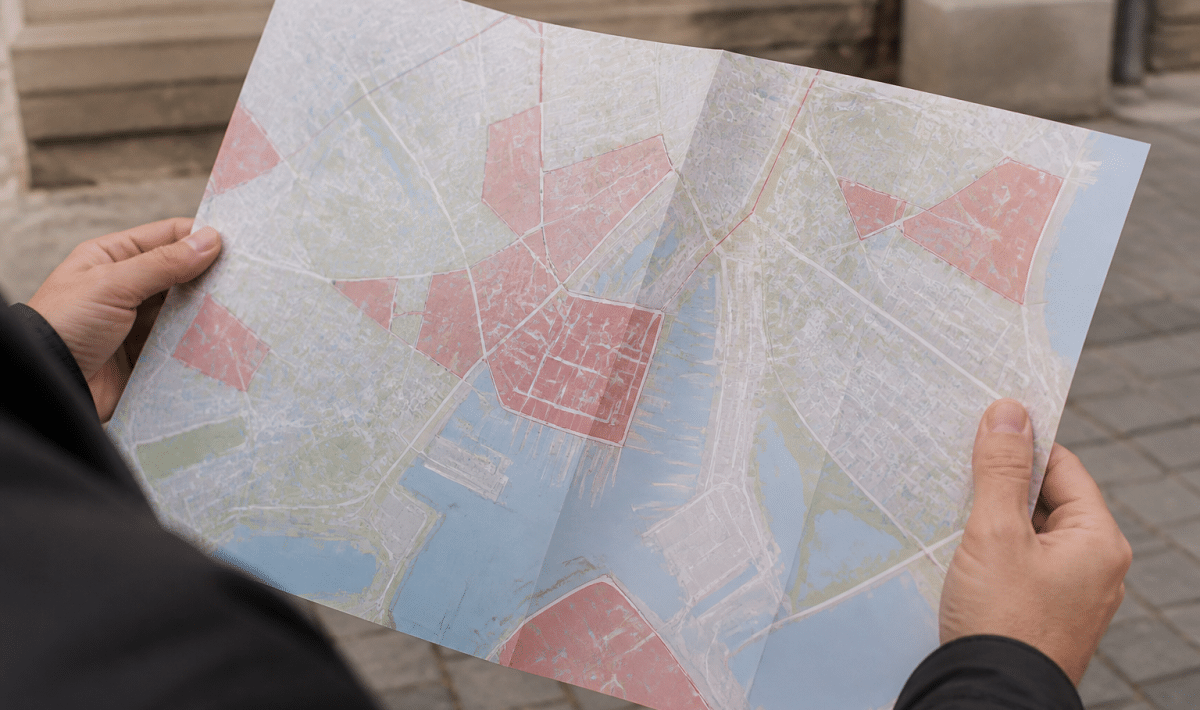 Carte urbaine montrant quartiers rochellois surlignés en rouge