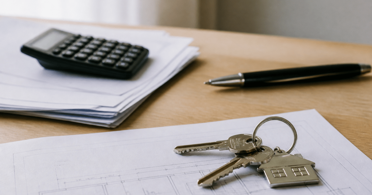 Cles posees sur documents immobiliers avec stylo et calculatrice
