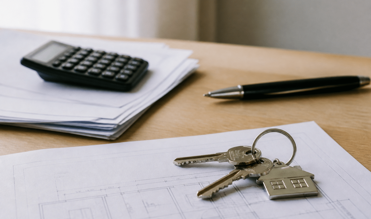 Cles posees sur documents immobiliers avec stylo et calculatrice