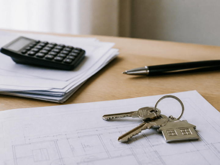 Cles posees sur documents immobiliers avec stylo et calculatrice
