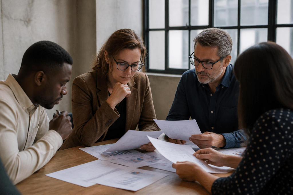 Membres examinant documents financiers autour table réunion