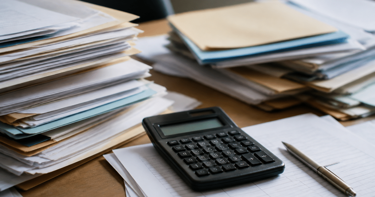 Documents administratifs empiles sur bureau montrant calculs financiers