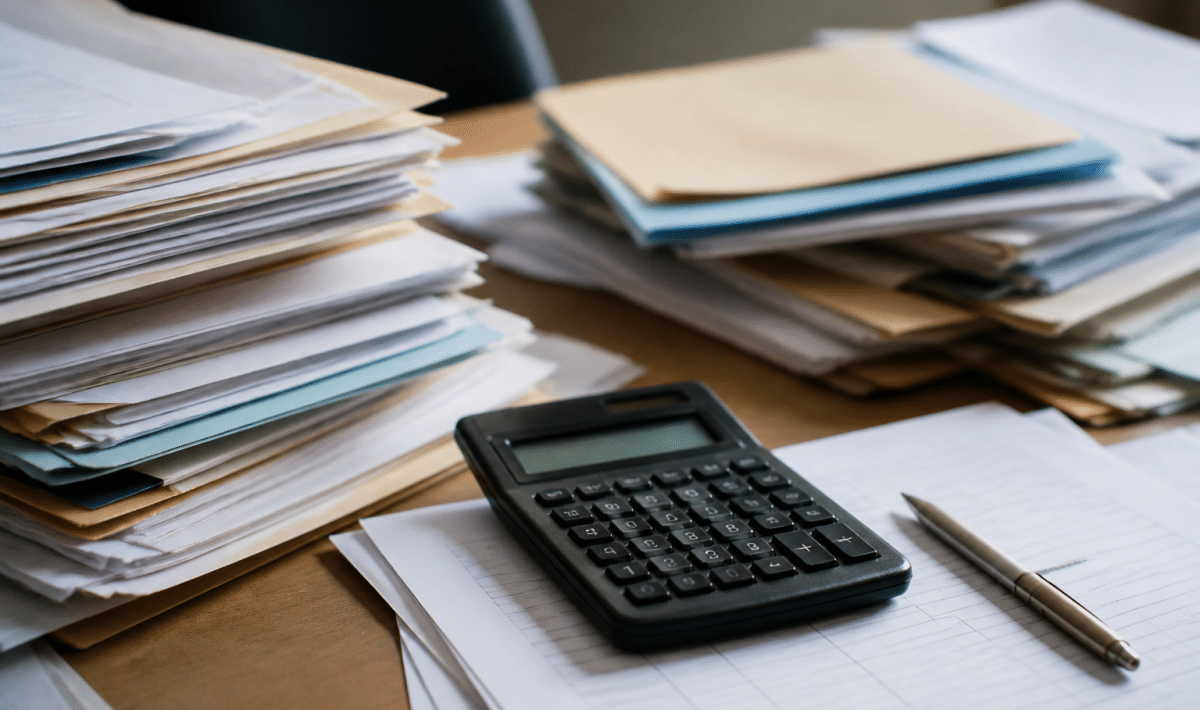 Documents administratifs empiles sur bureau montrant calculs financiers