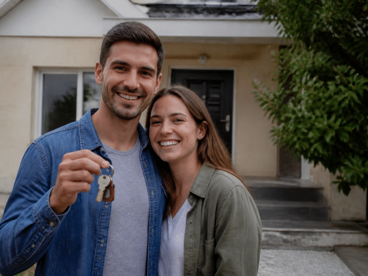 Couple tenant les cles devant maison avec panneau vente