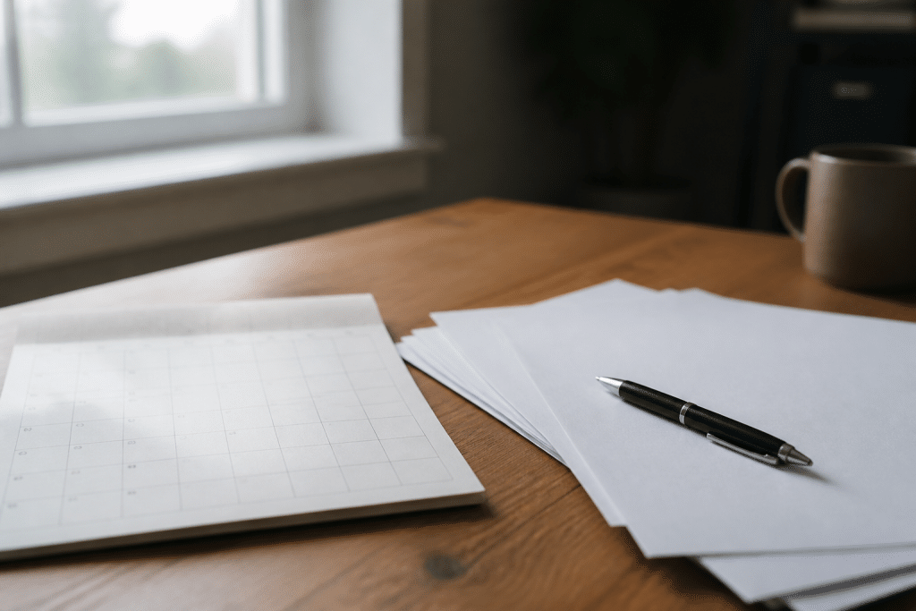 Calendrier avec stylo et documents immobiliers signés