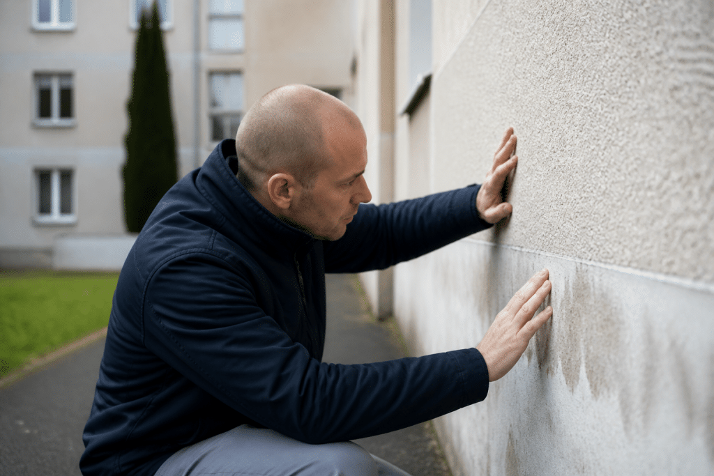 Inspecteur vérifiant isolation thermique murs immeuble collectif