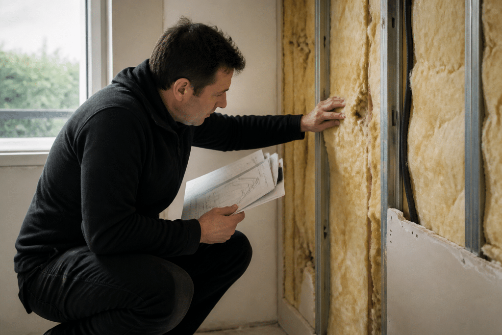 Diagnostiqueur inspectant isolation murale avec documents techniques