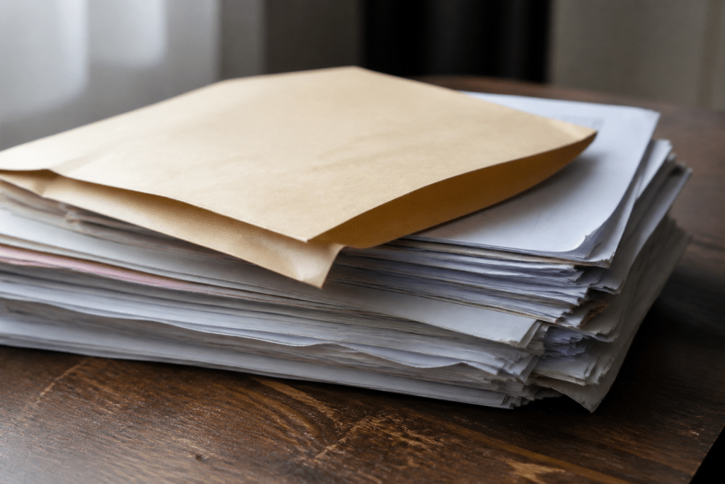 Pile de documents comptables avec enveloppe ouverte