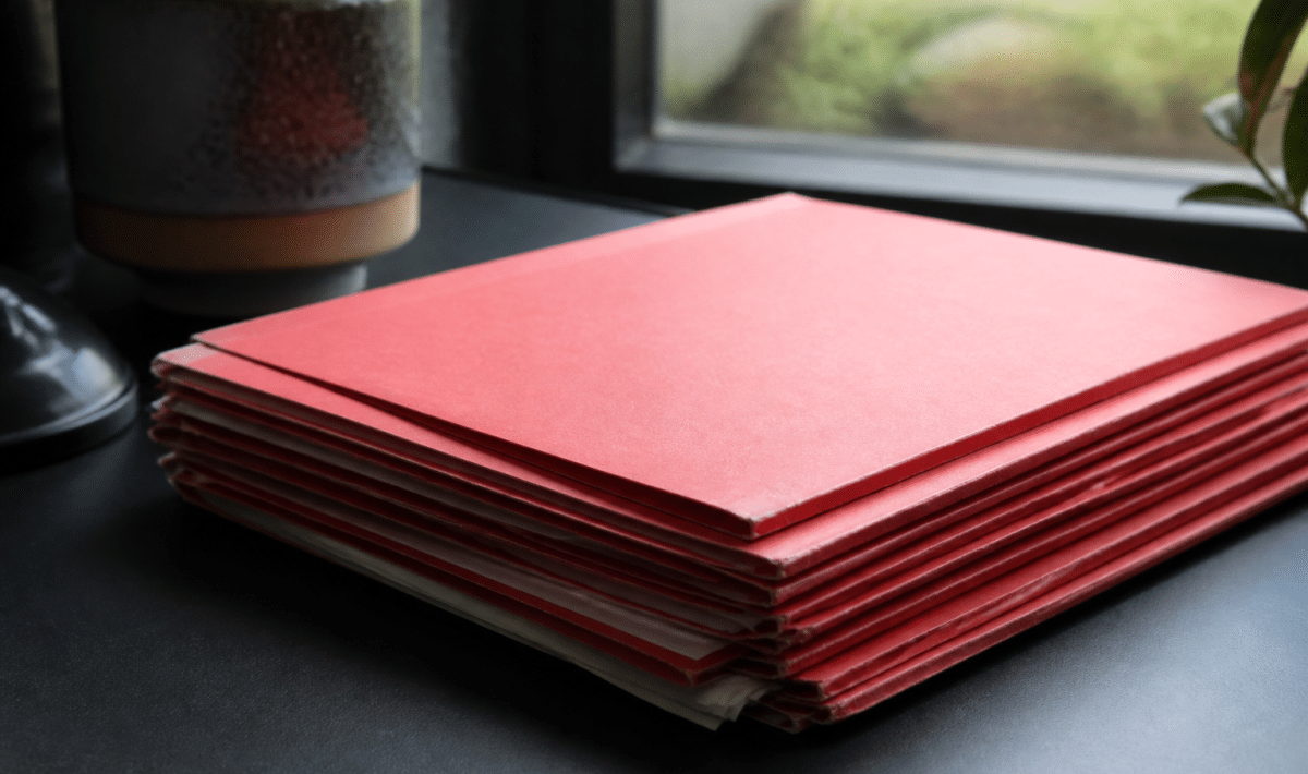 Documents financiers rouges empiles sur bureau noir