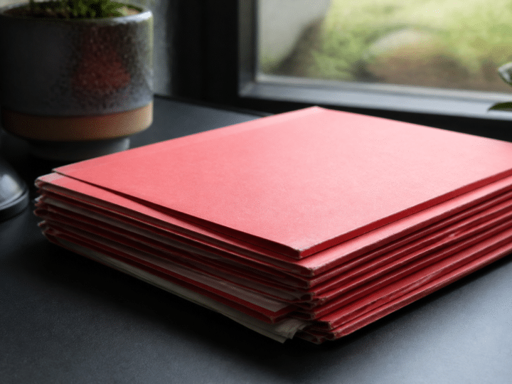 Documents financiers rouges empiles sur bureau noir