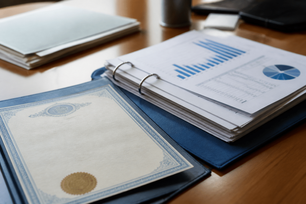 Dossier entreprise avec documents financiers et certificat légal