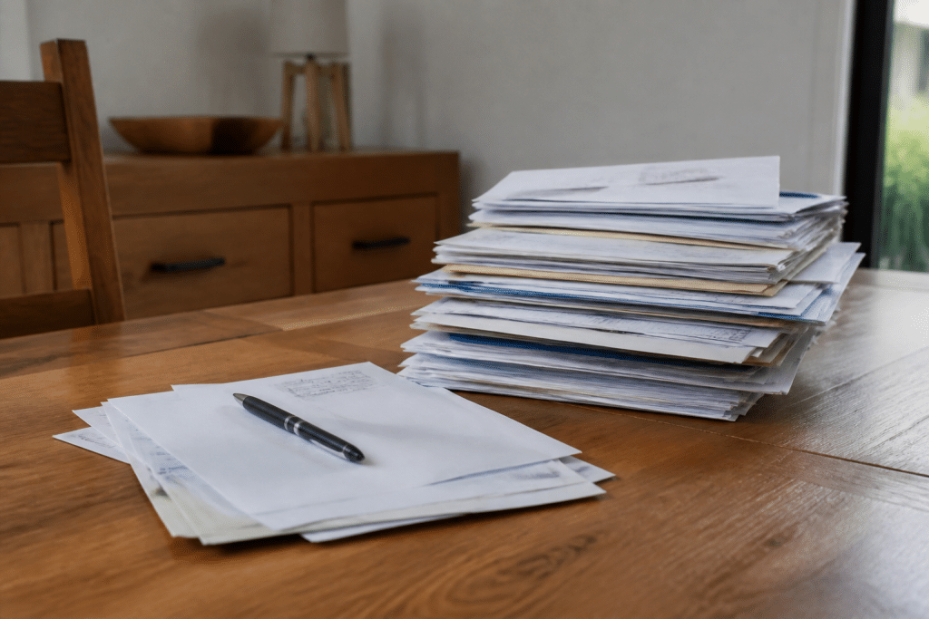 Pile de documents bancaires et lettres avec stylo sur table