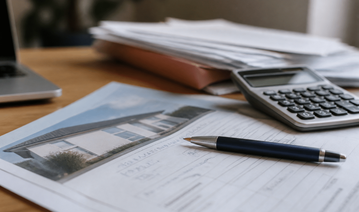 Document immobilier avec calculs financiers et stylo pose dessus
