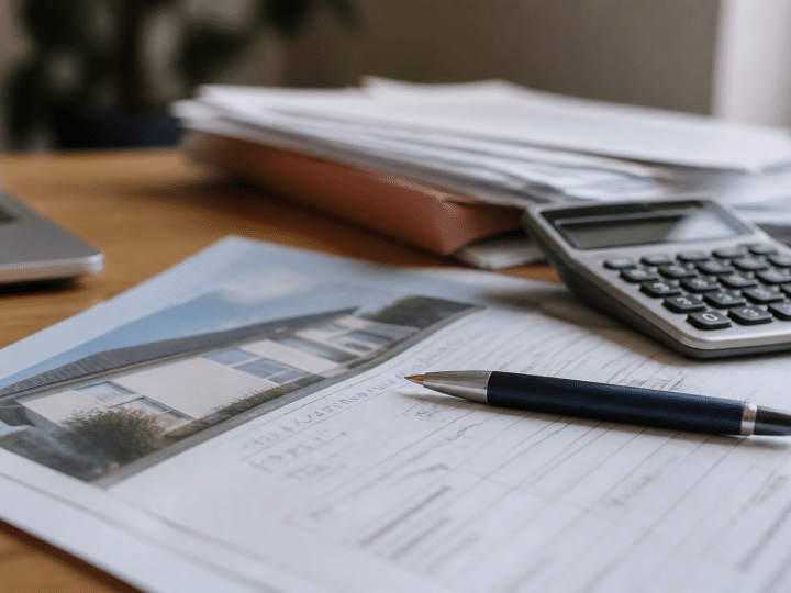 Document immobilier avec calculs financiers et stylo pose dessus
