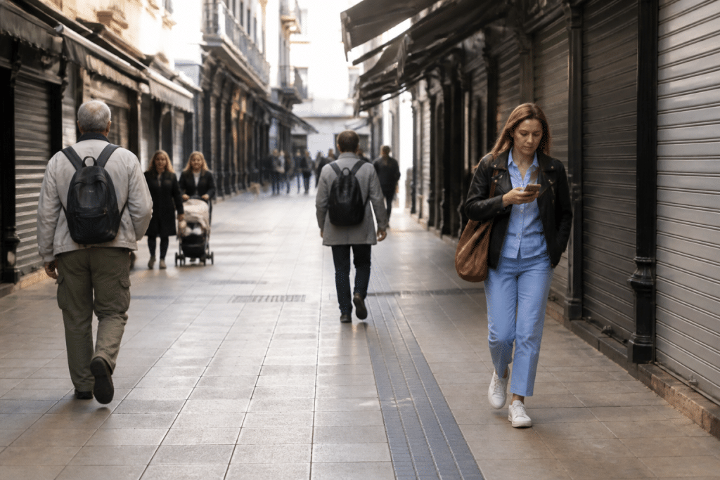 Rue animée le jour avec piétons et commerces fermés