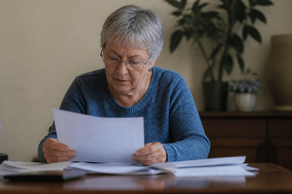 Personne agee consultant documents fiscaux immobiliers sur table