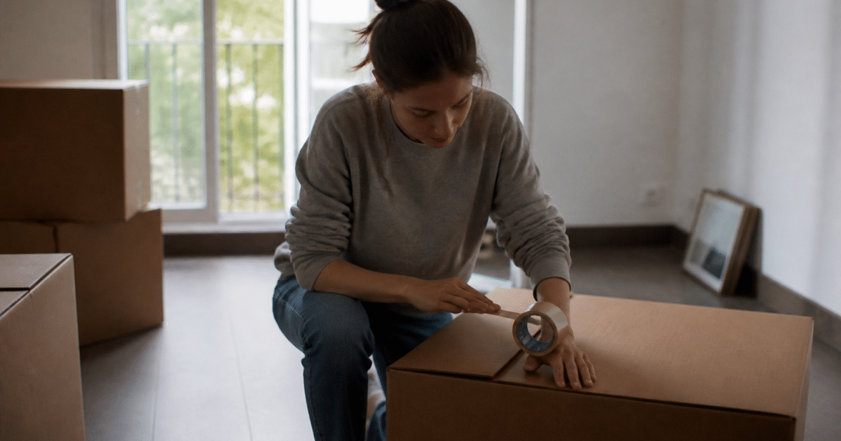 Locataire emballant cartons dans appartement vide pendant déménagement