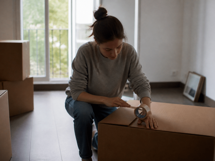 Locataire emballant cartons dans appartement vide pendant déménagement