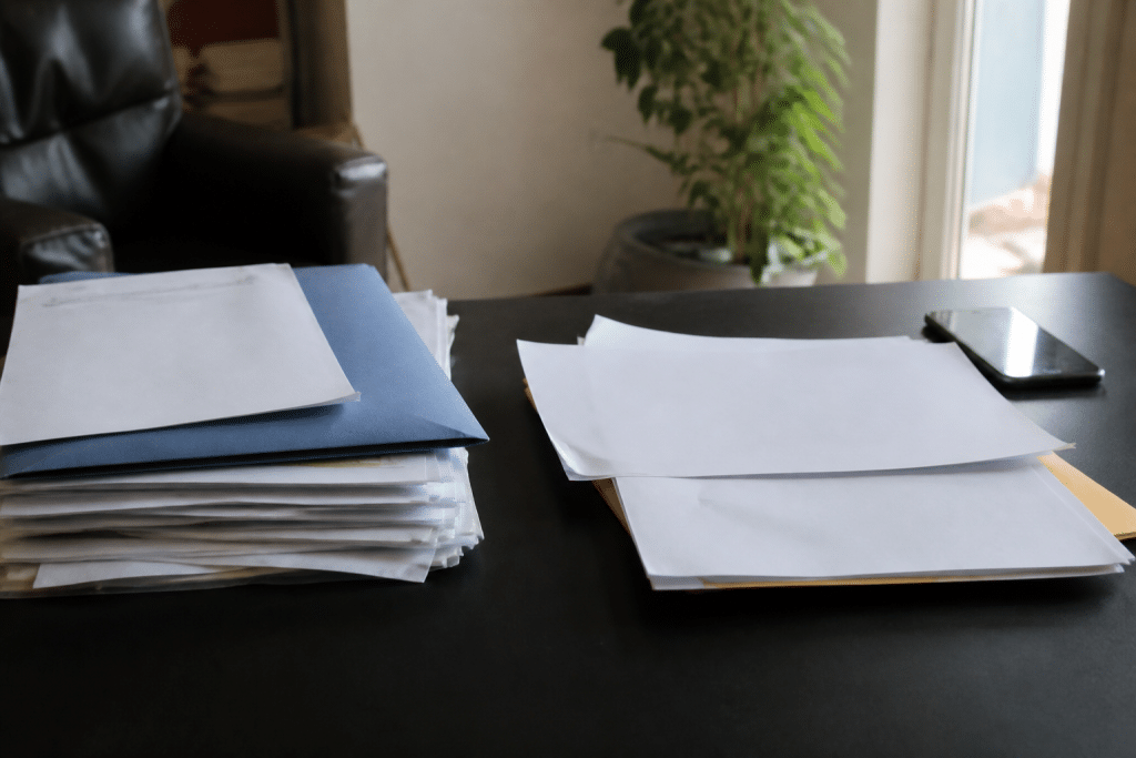 Documents bancaires et contrats immobiliers sur bureau noir