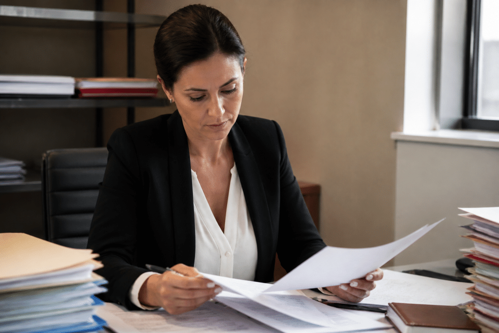 Notaire examinant documents fiscaux pour calcul frais SCI