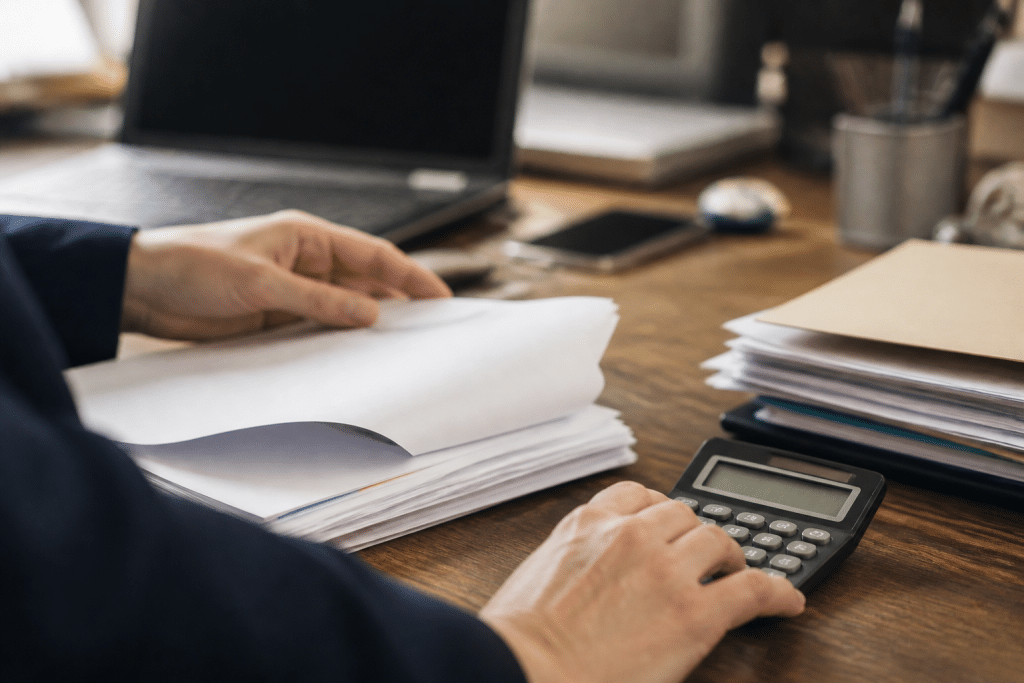 Dossier bancaire avec contrats, calculatrice et documents financiers