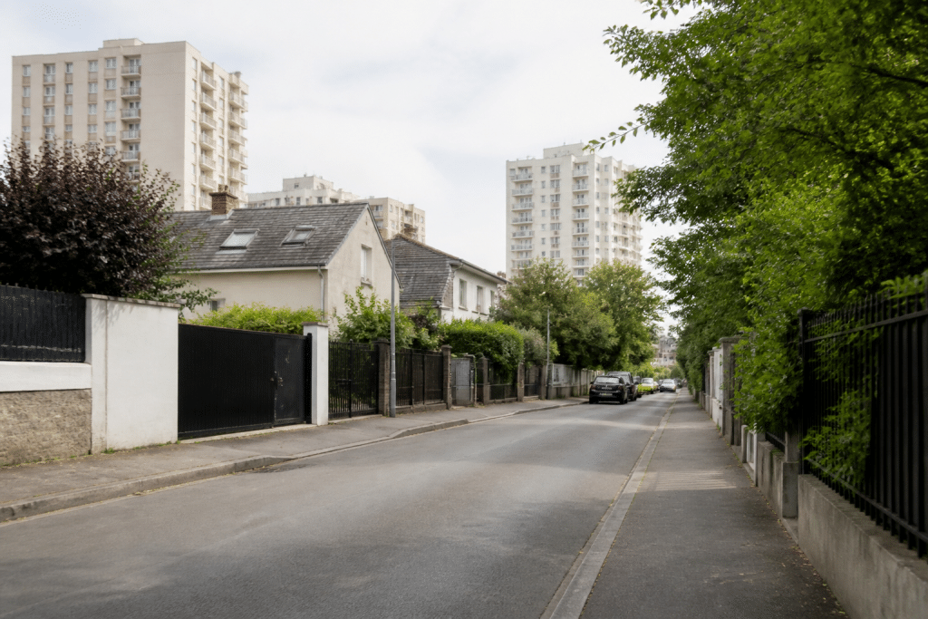 Rue calme de quartier residentiel avec immeubles en arriere-plan