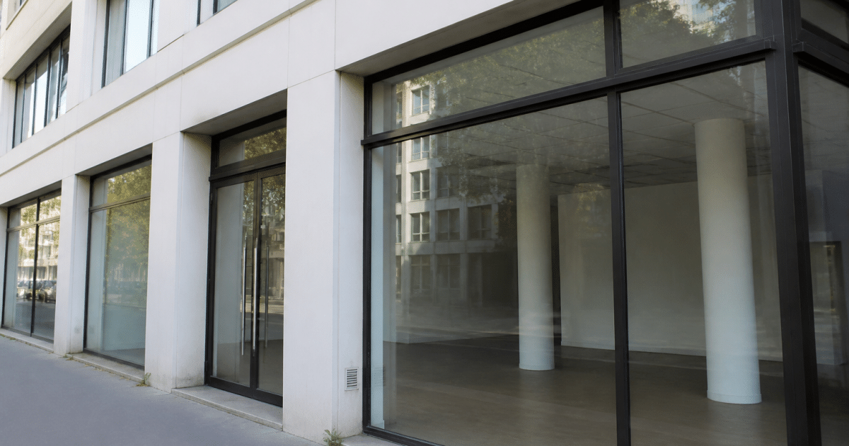 Immeuble de bureaux avec panneau loyer commercial vitrine