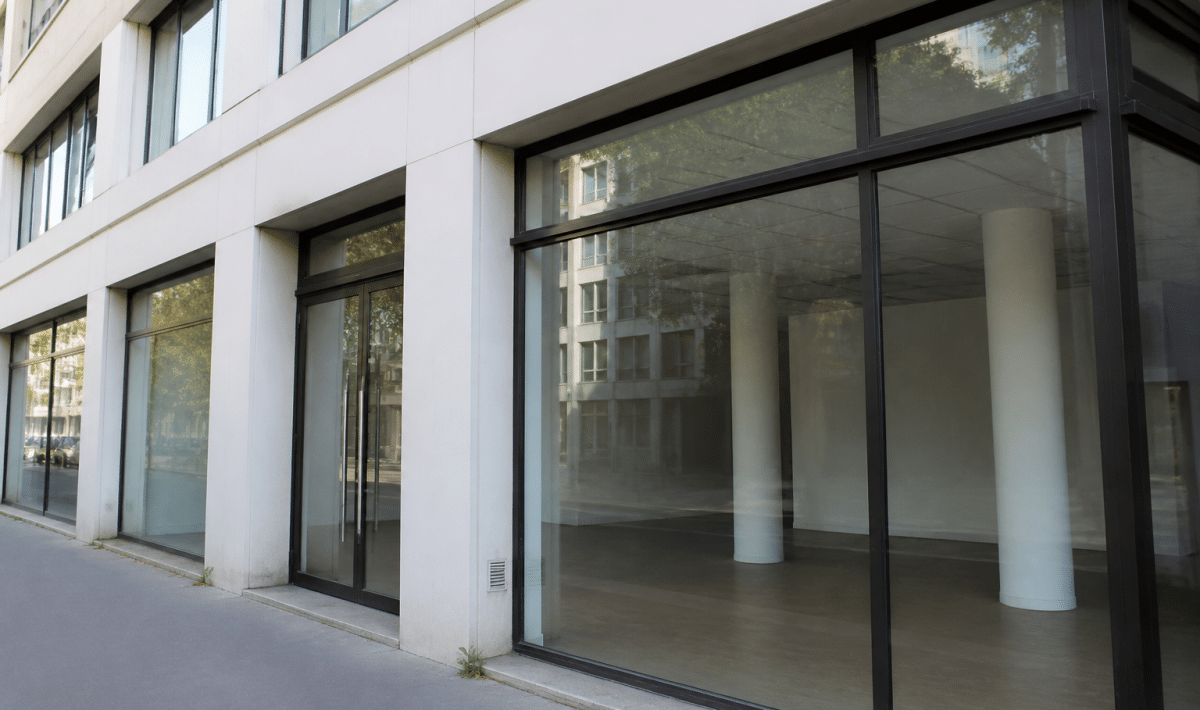 Immeuble de bureaux avec panneau loyer commercial vitrine