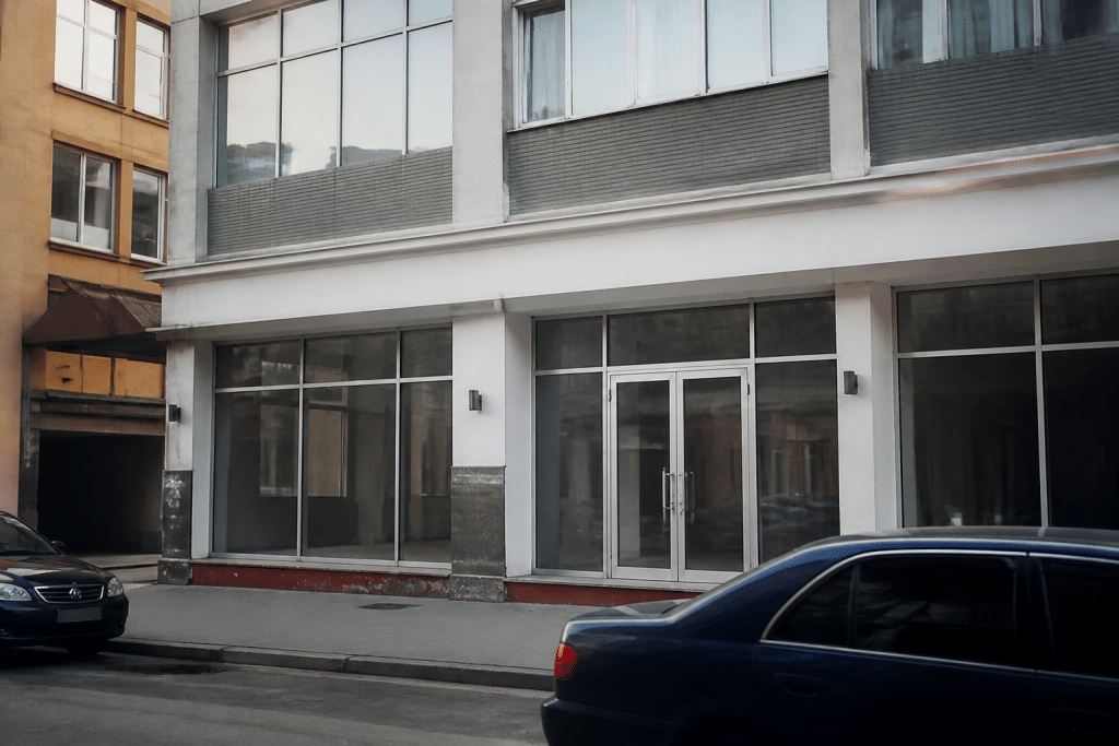 Immeuble commercial avec loyers mensuels affichés sur tableau blanc