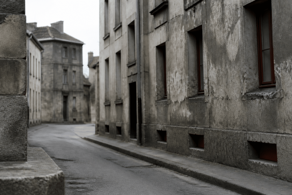 Immeubles gris delabres avec facades fissurees et rues desertes