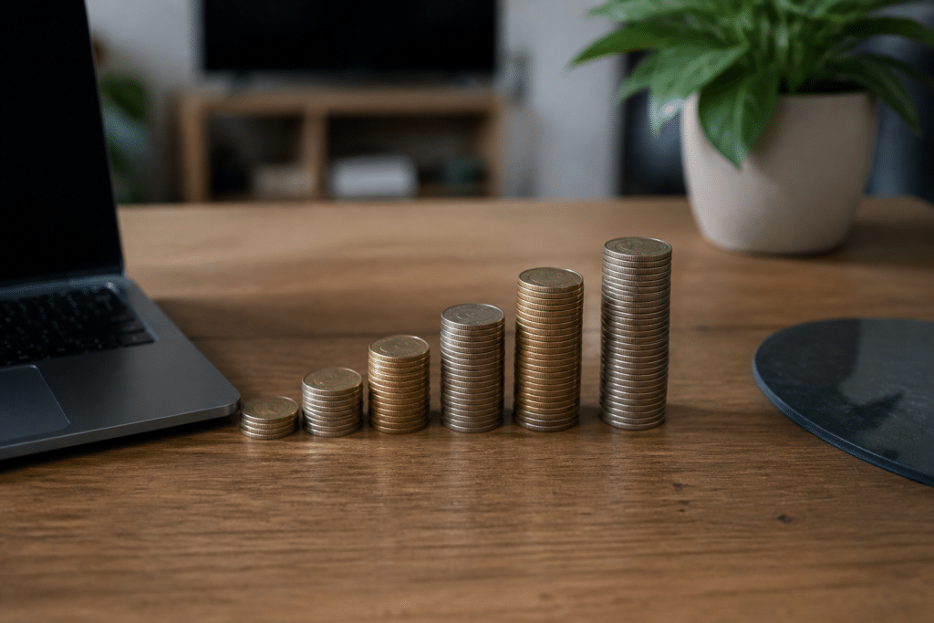 Piles de pieces de monnaie incrementales sur bureau moderne