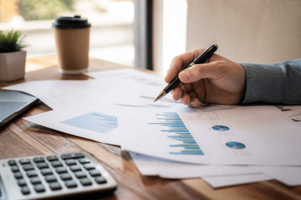 Documents investissement immobilier avec graphiques croissants papier