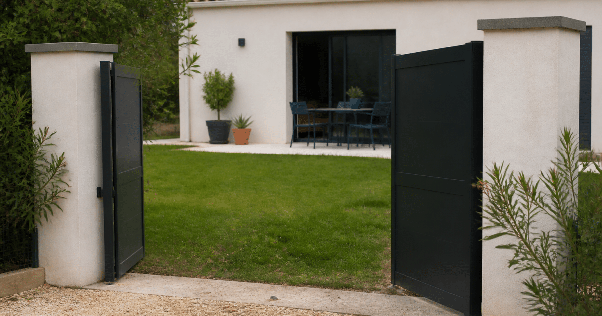 Facade maison plain pied avec portail ouvert sur terrasse verte
