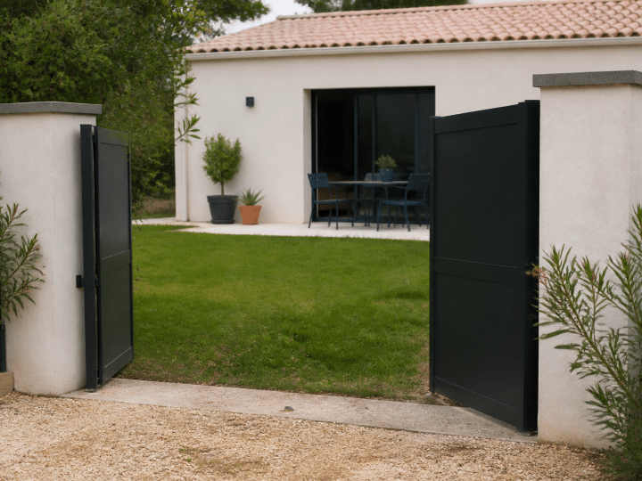 Facade maison plain pied avec portail ouvert sur terrasse verte
