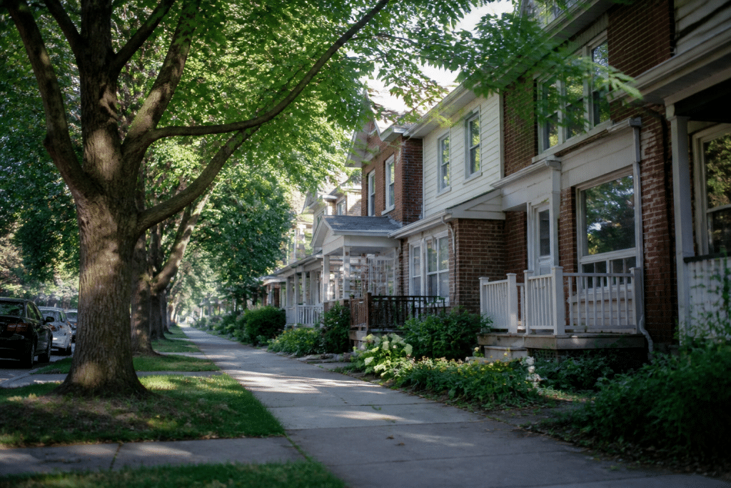 Maisons individuelles alignees sous arbres verts tranquilles