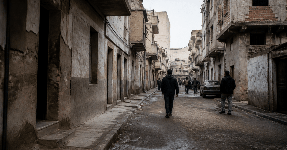 rue urbaine sombre avec immeubles degrades et habitants distants