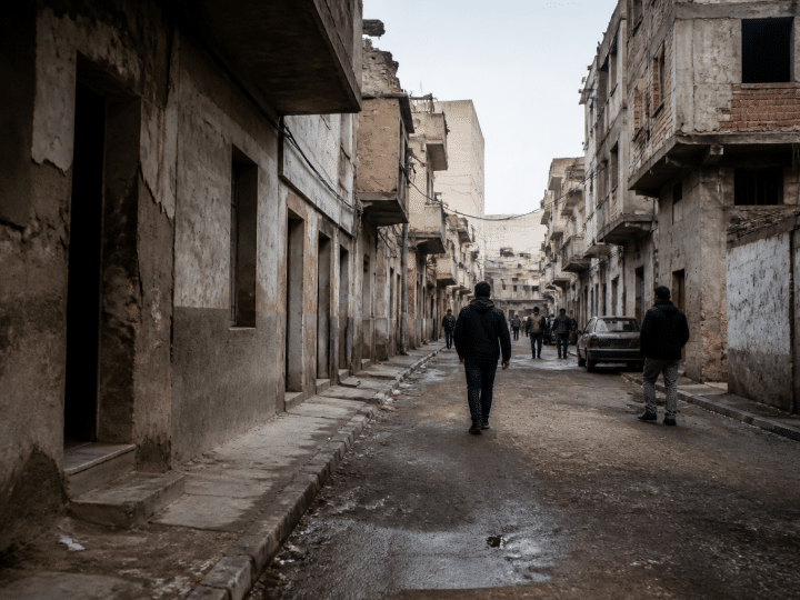 rue urbaine sombre avec immeubles degrades et habitants distants