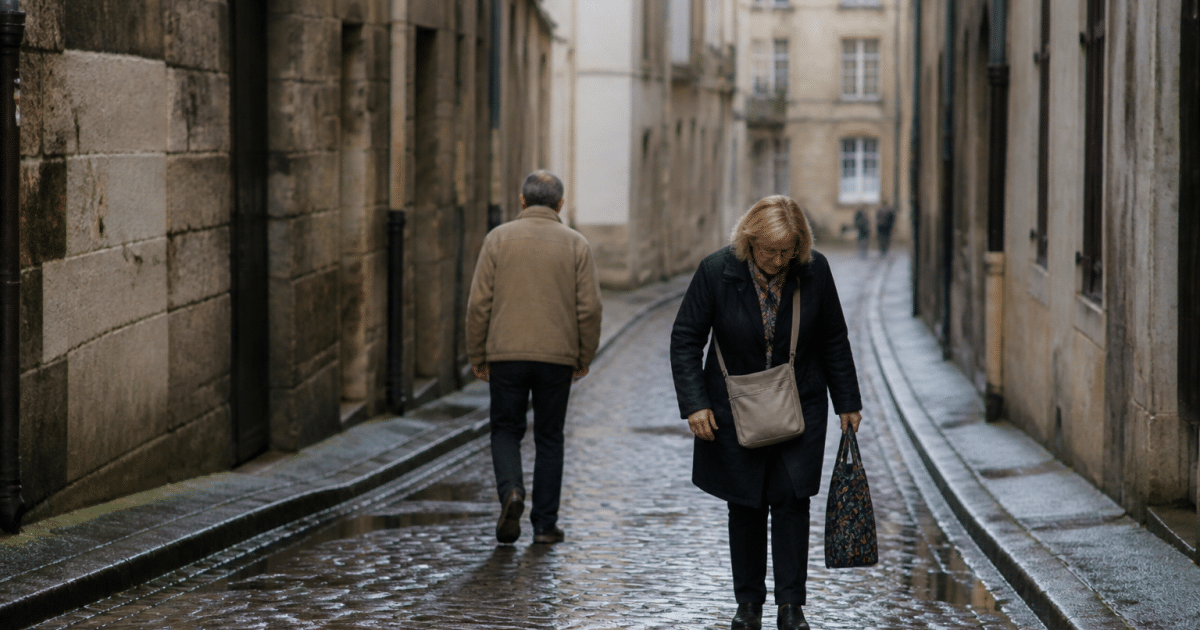 Rue urbaine avec immeubles anciens, piétons marchant prudemment