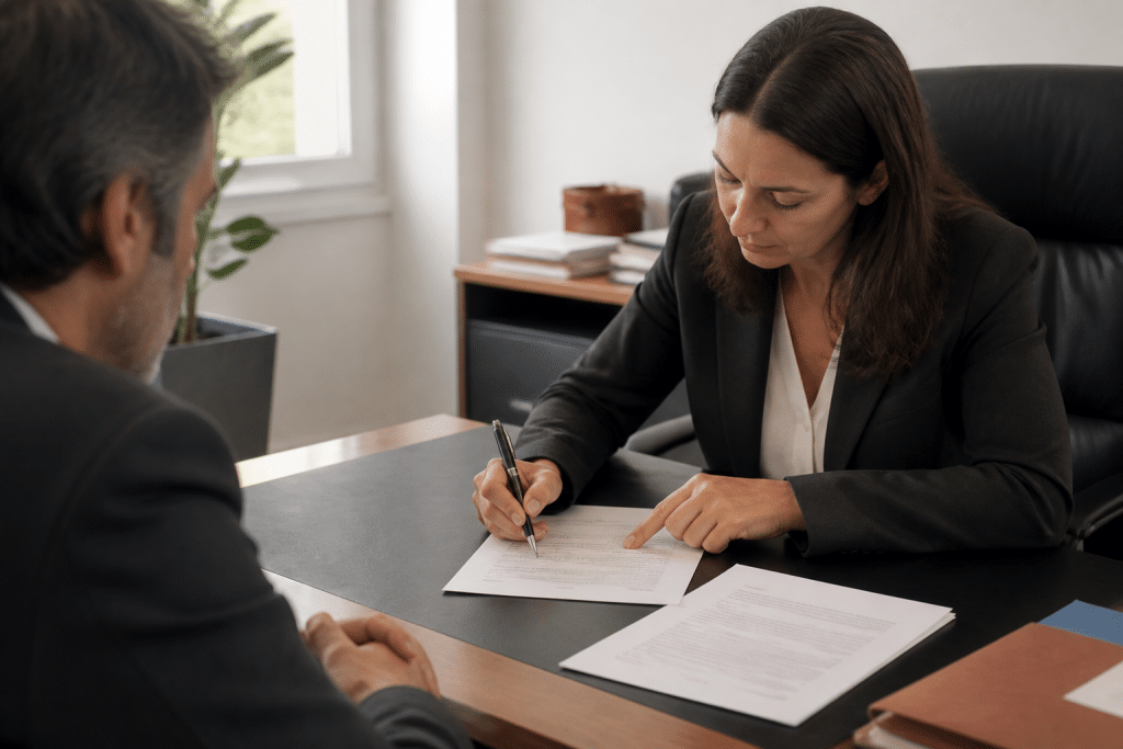 Notaire signant document immobilier avec clause contractuelle visible