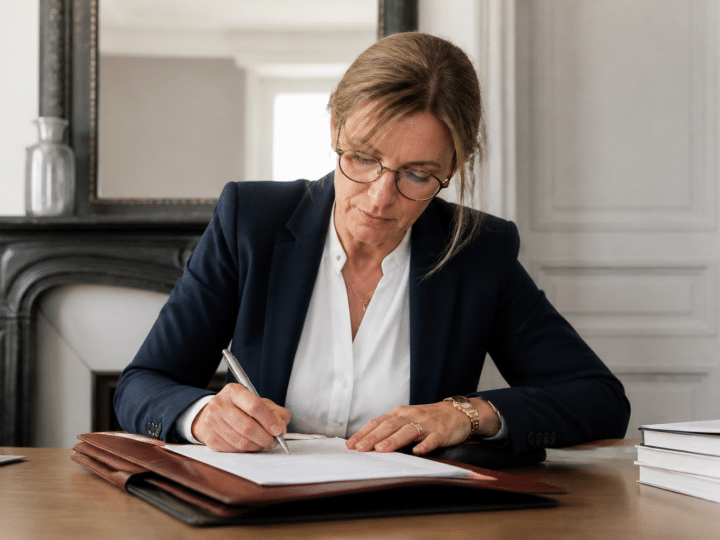 Notaire signant document immobilier avec stylo sur bureau