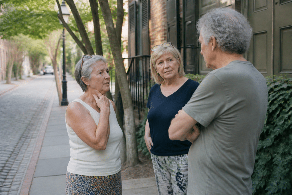 Residents discussing safety concerns on historic street corner