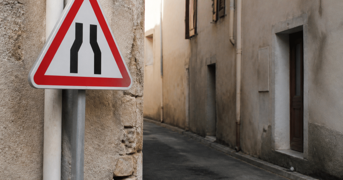 Panneau d'avertissement rouge et blanc pointant vers rue etroite